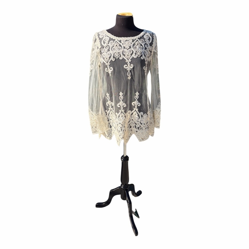 Sheer Lace Embroidered Boho Blouse Romantic Festival Top Small - Picture 2 of 4